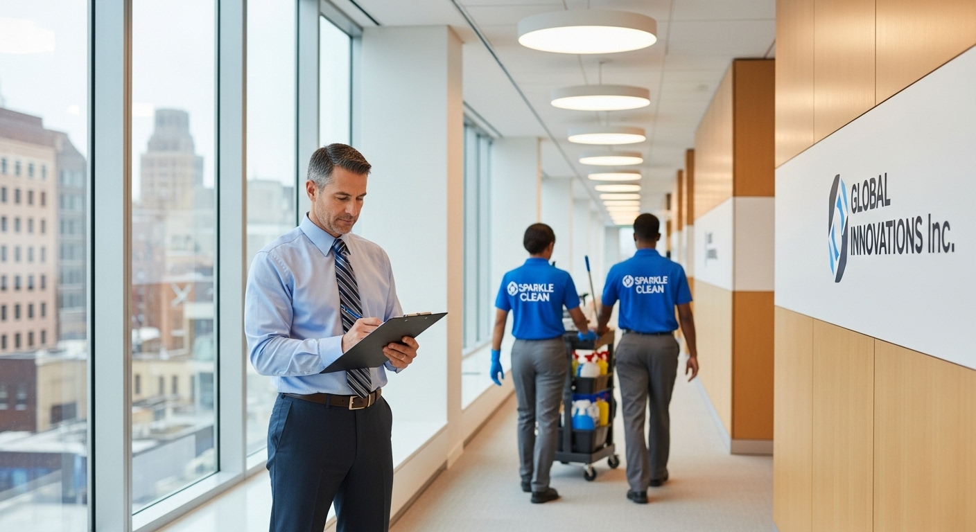 Supervisor inspecting cleaning checklist in office