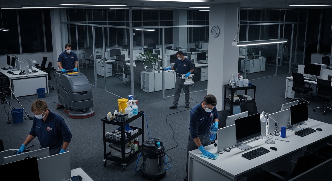 Janitorial crew sanitising corporate office