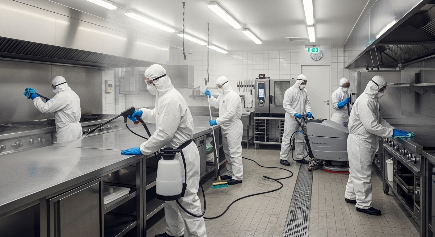Compliance cleaning team disinfecting a commercial kitchen
