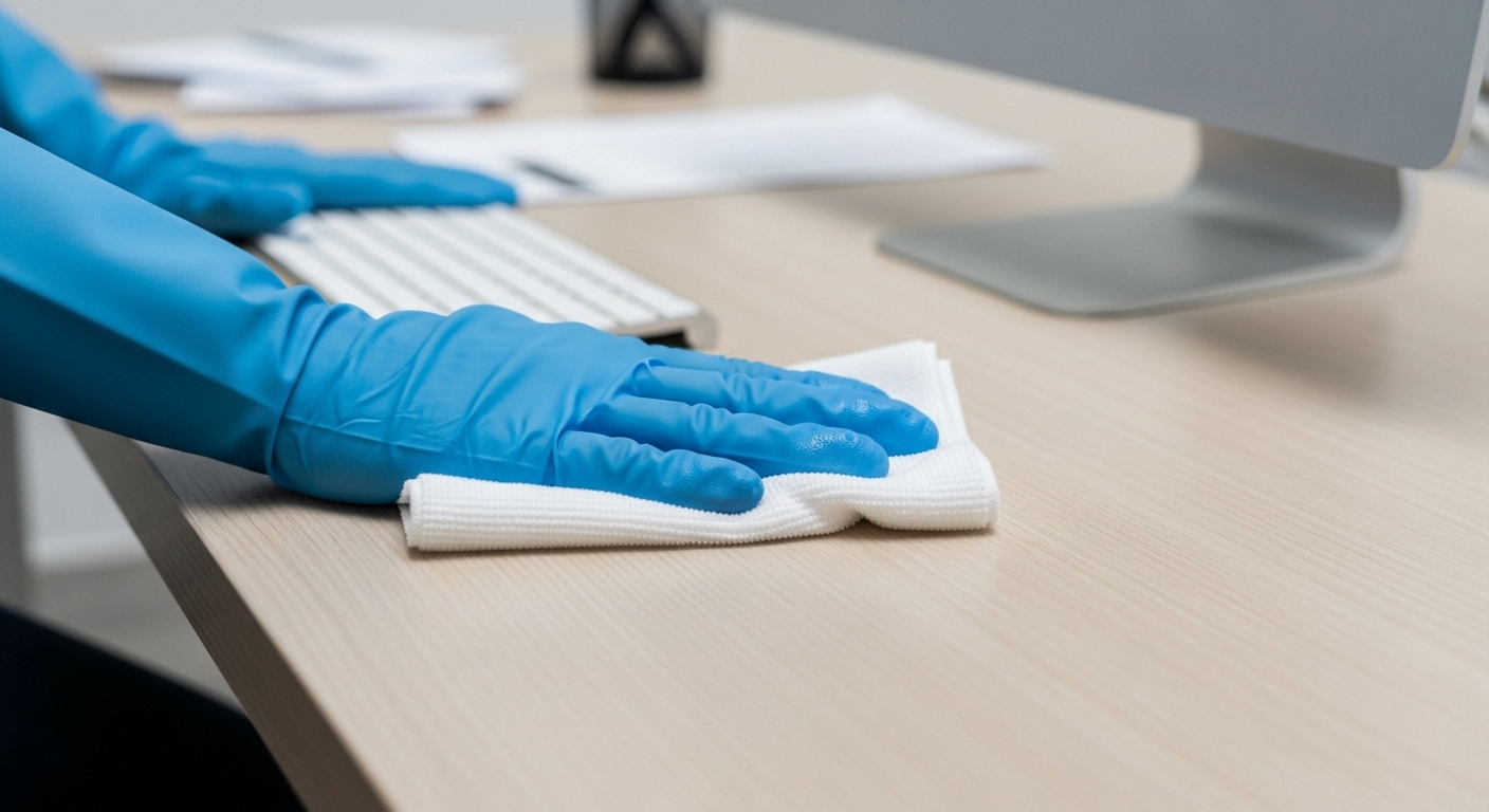 Cleaner wiping desk in Wollongong office