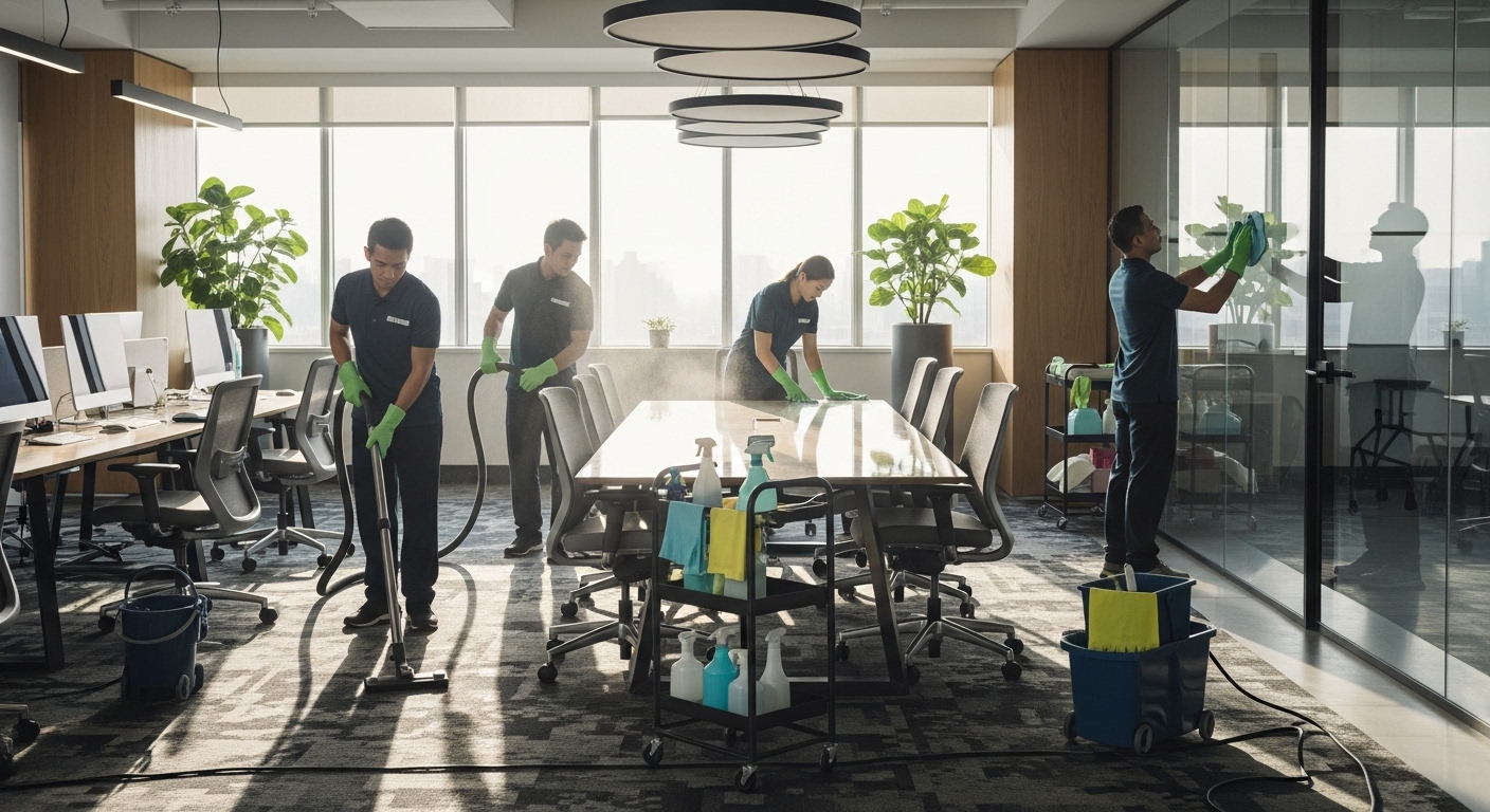 Professional cleaners working in an office