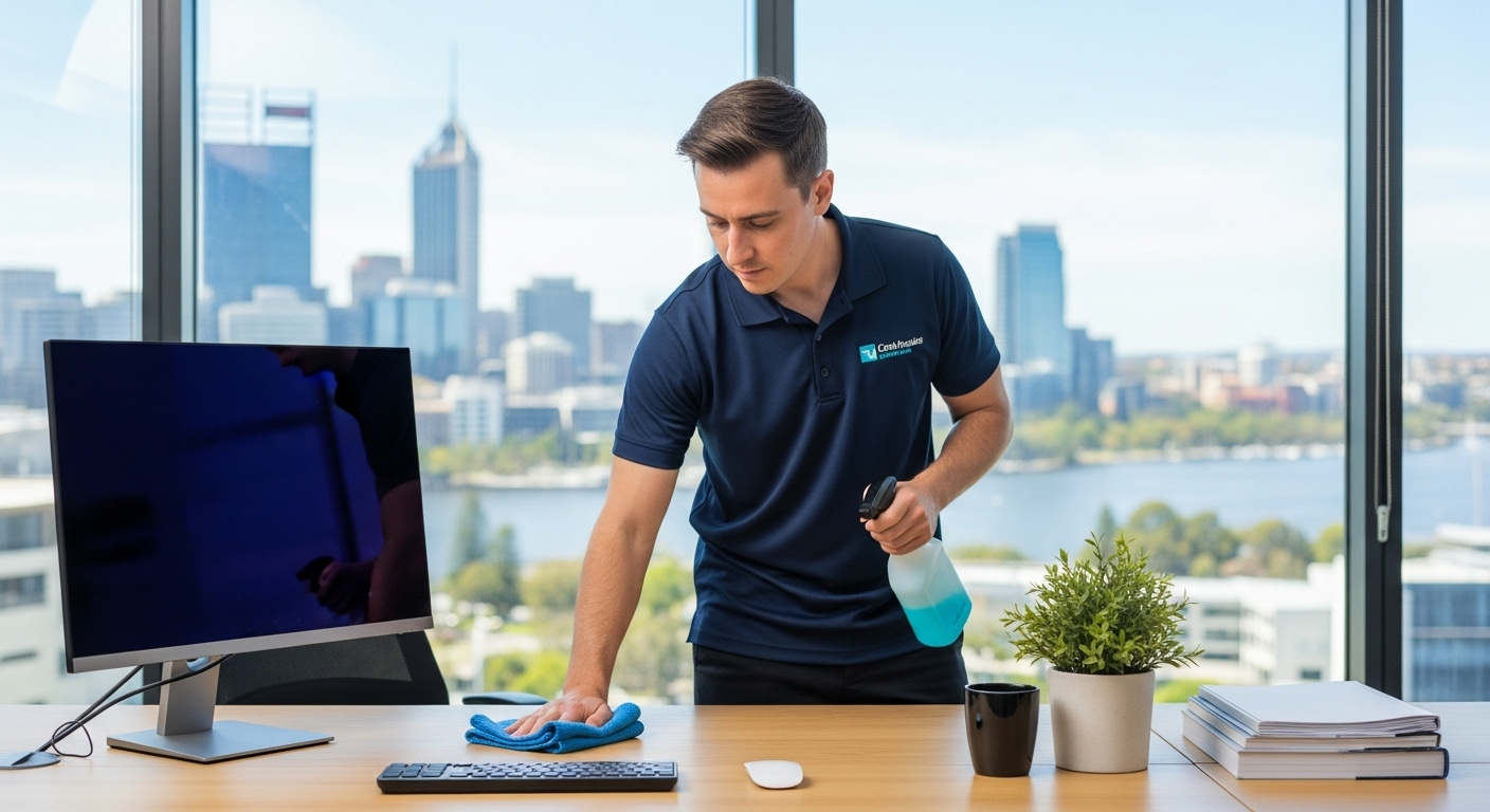 Office cleaner wiping desk