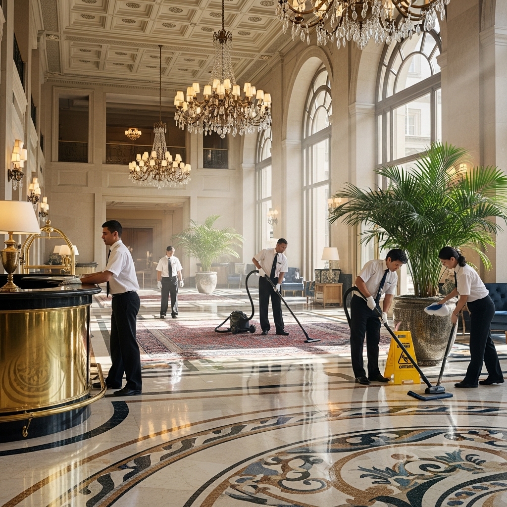 Professional hotel cleaning service in luxury lobby