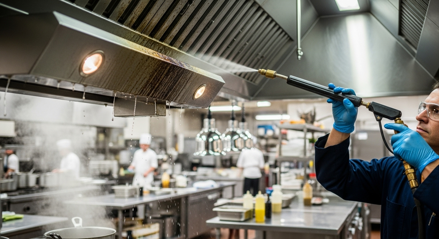 Canopy and hood cleaning in restaurant kitchen