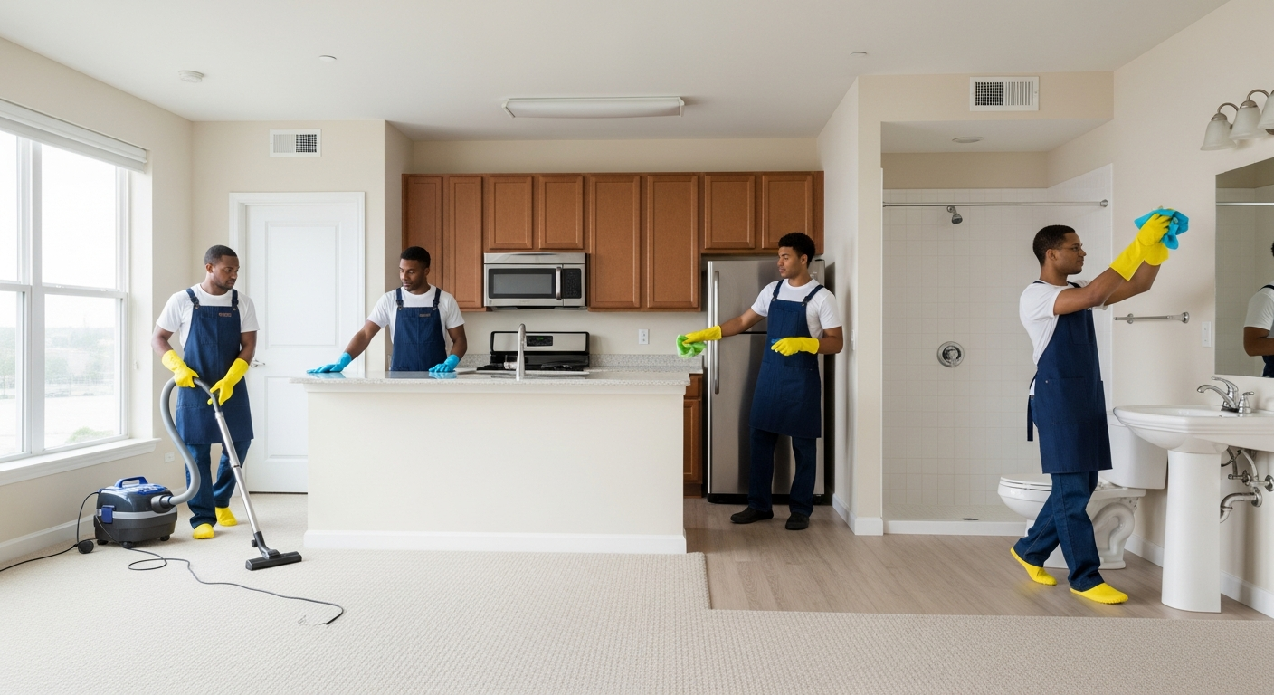 End of lease cleaning team preparing apartment