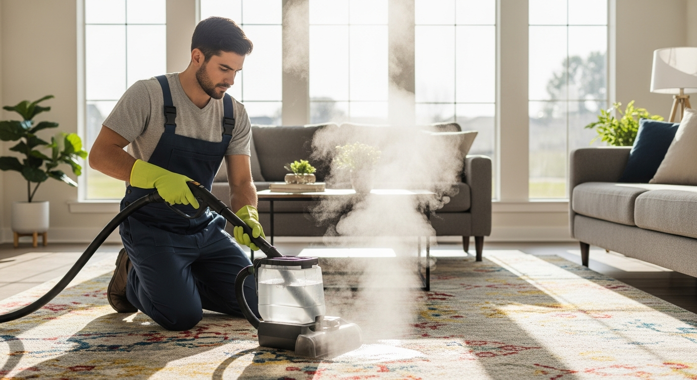 Carpet steam cleaning in a living room