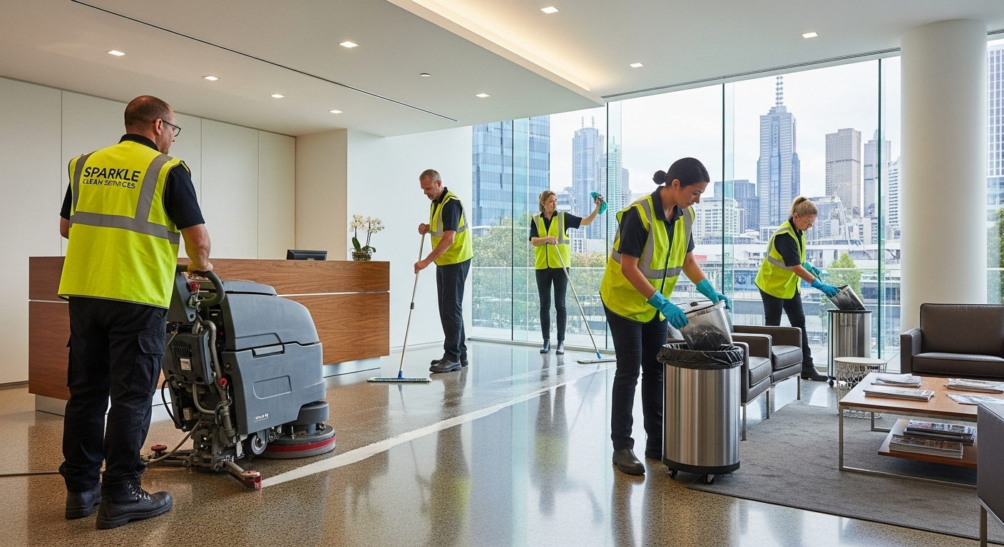 Commercial cleaners working in Melbourne office lobby