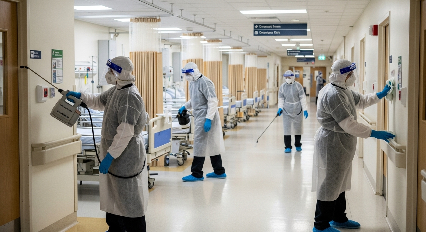 Clinical cleaning team disinfecting a hospital corridor