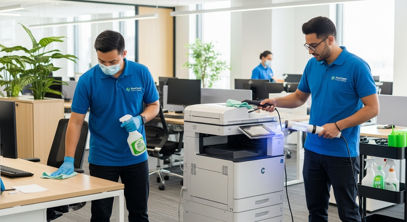Professional cleaners sanitising an Aveley office space