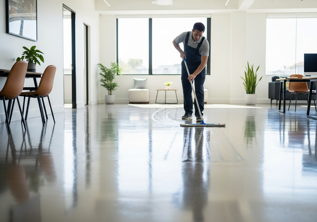 Commercial cleaner mopping office floor