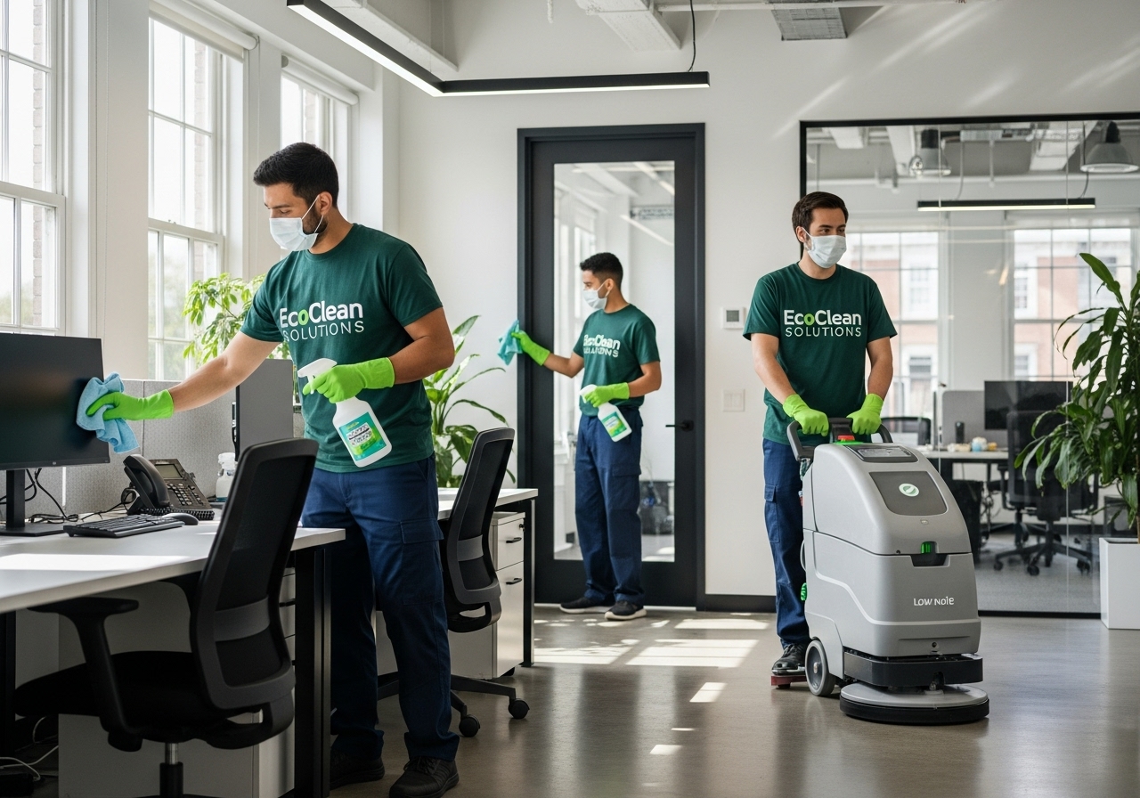 Commercial cleaners sanitising an office