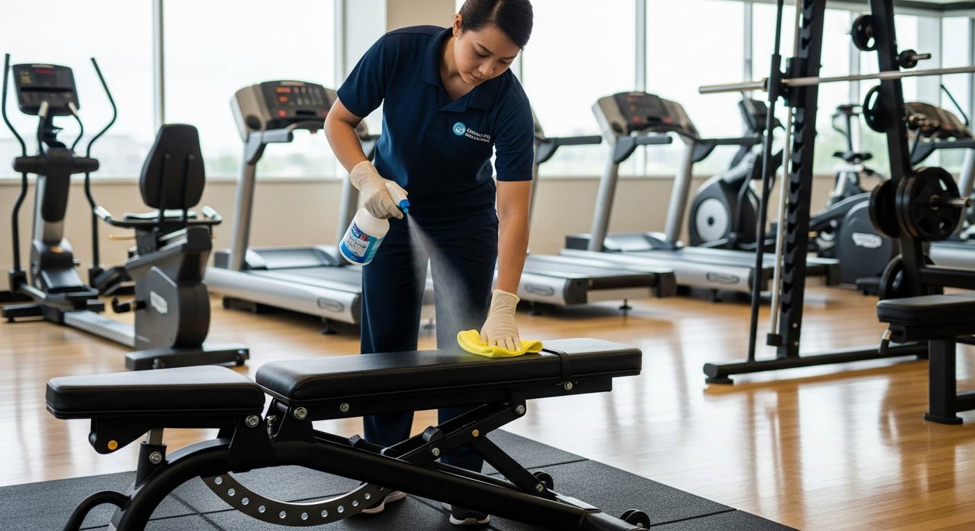 Technician sanitising gym equipment
