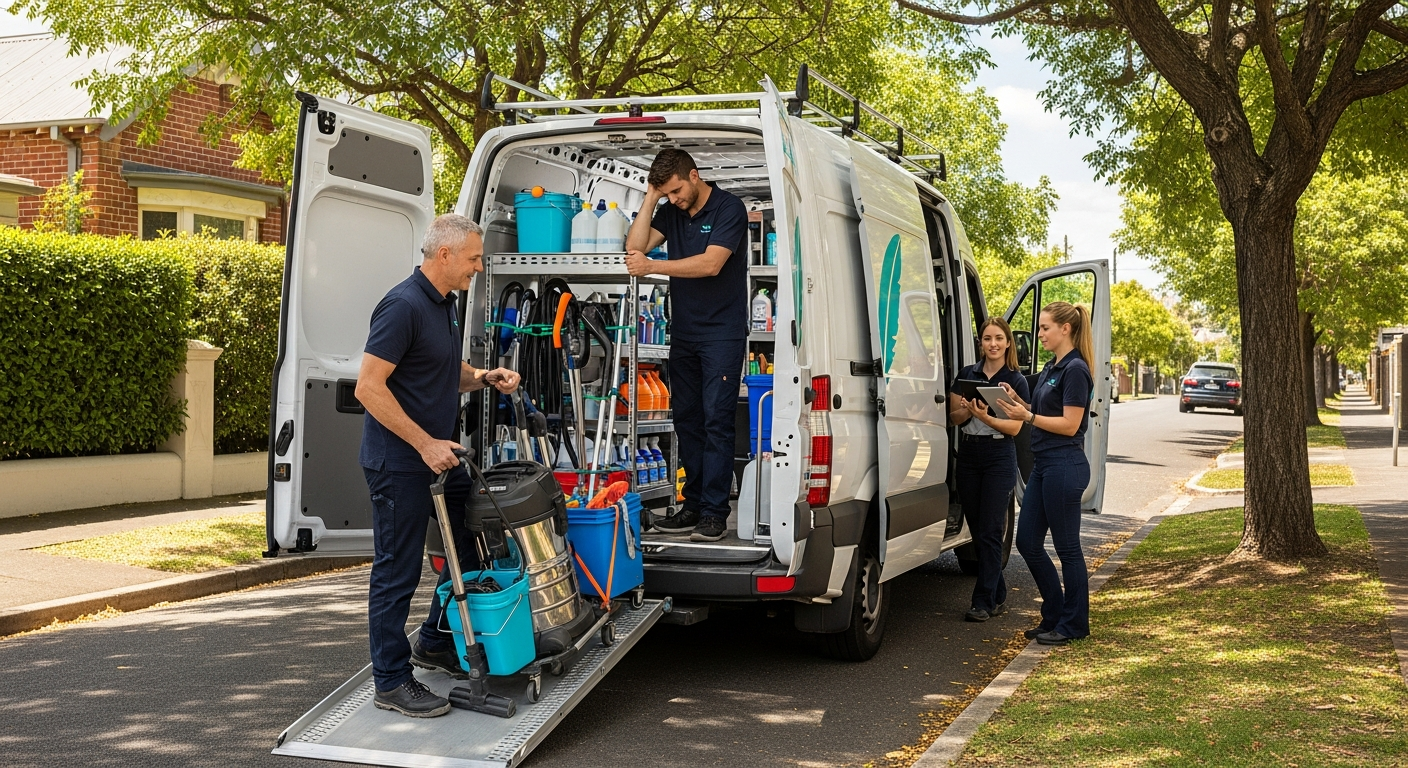 Cleaning team leaving in van