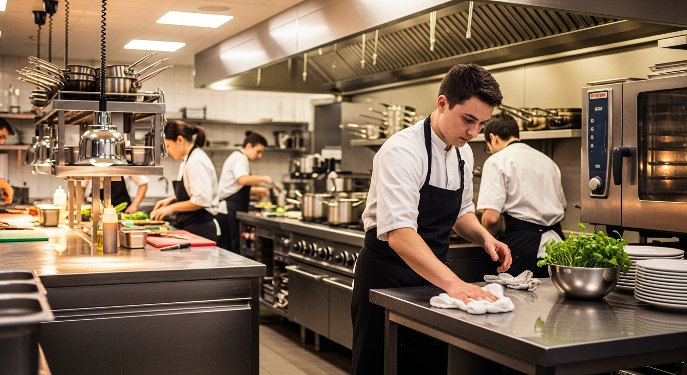 Clean commercial kitchen staff cleaning stainless steel bench