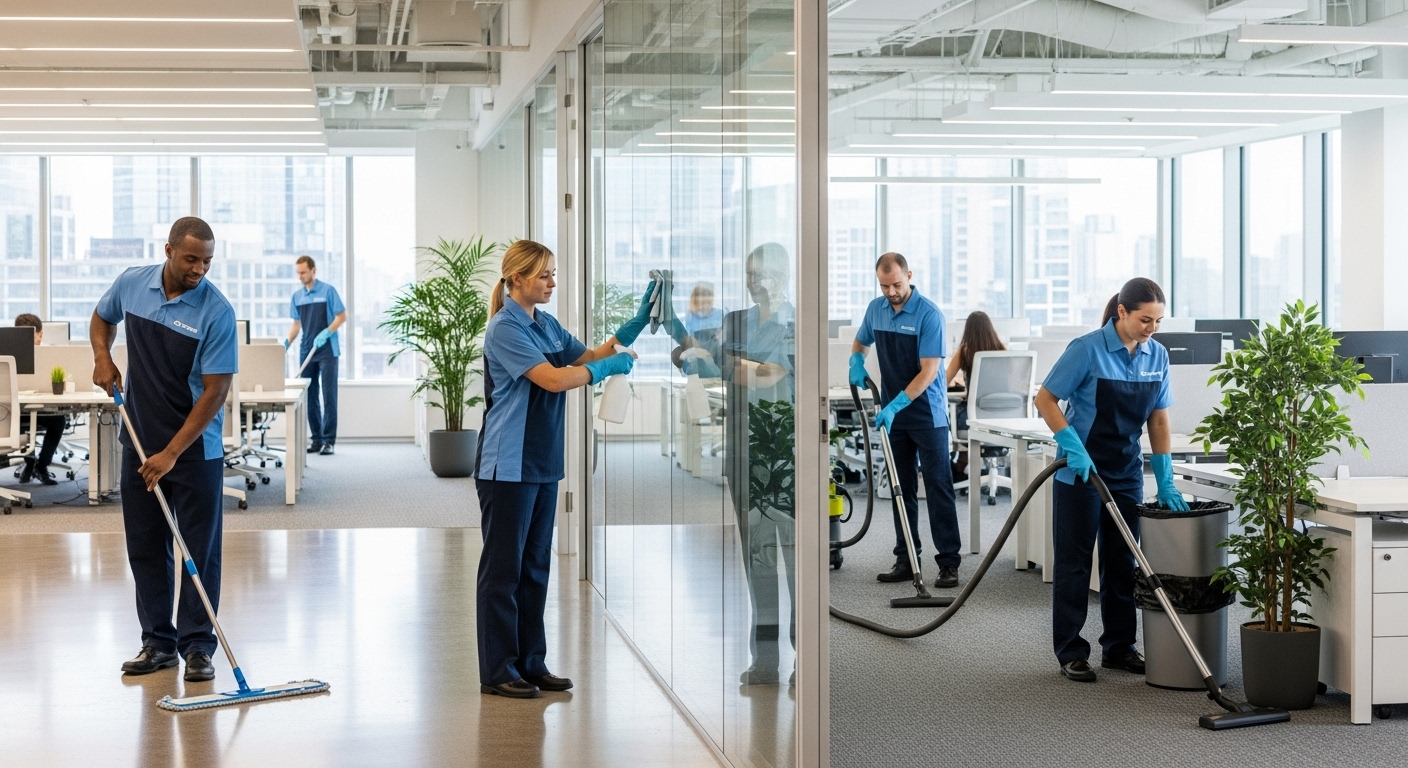 Professional cleaning team working in a modern office