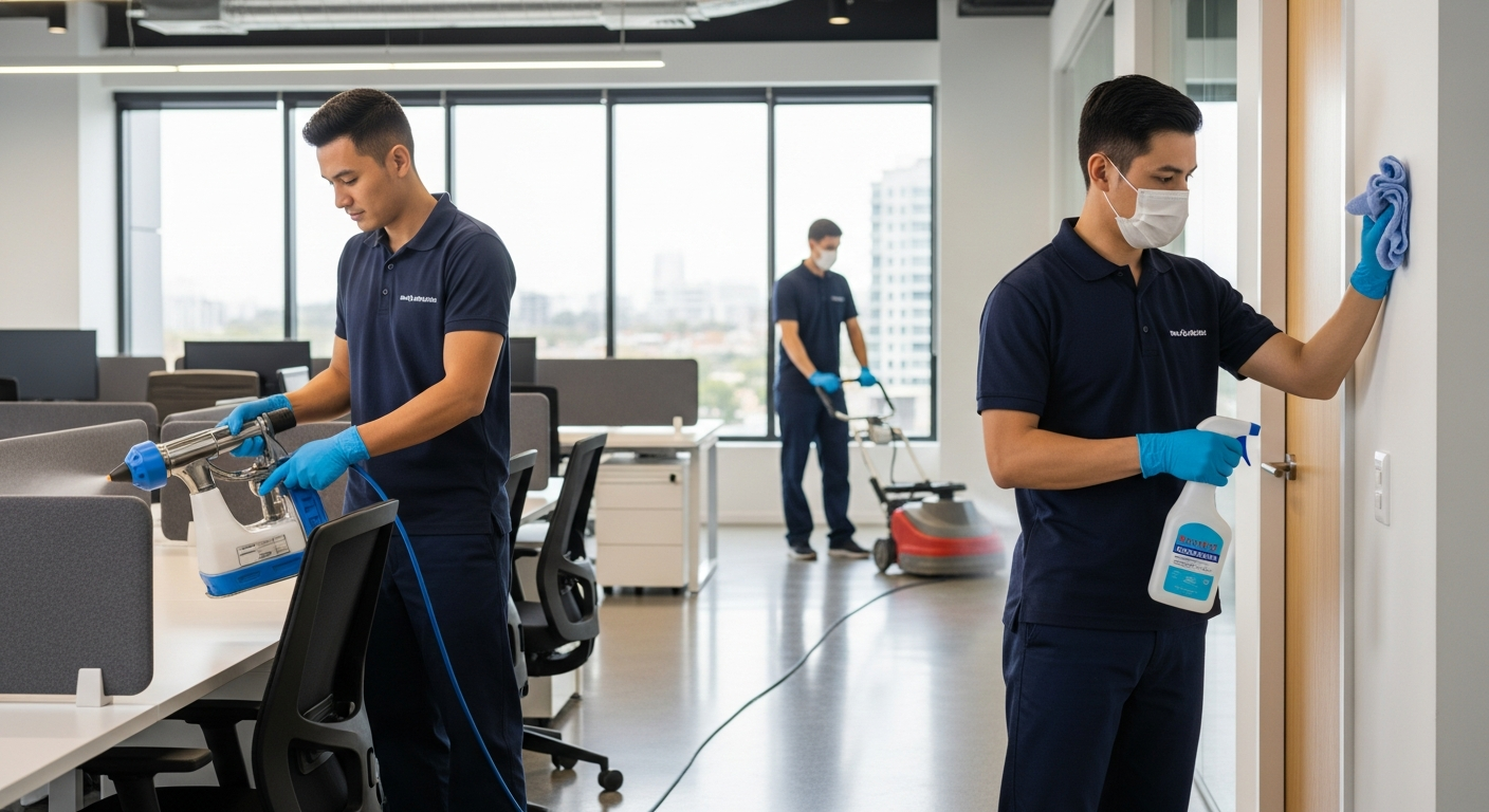 Commercial cleaners disinfecting an office