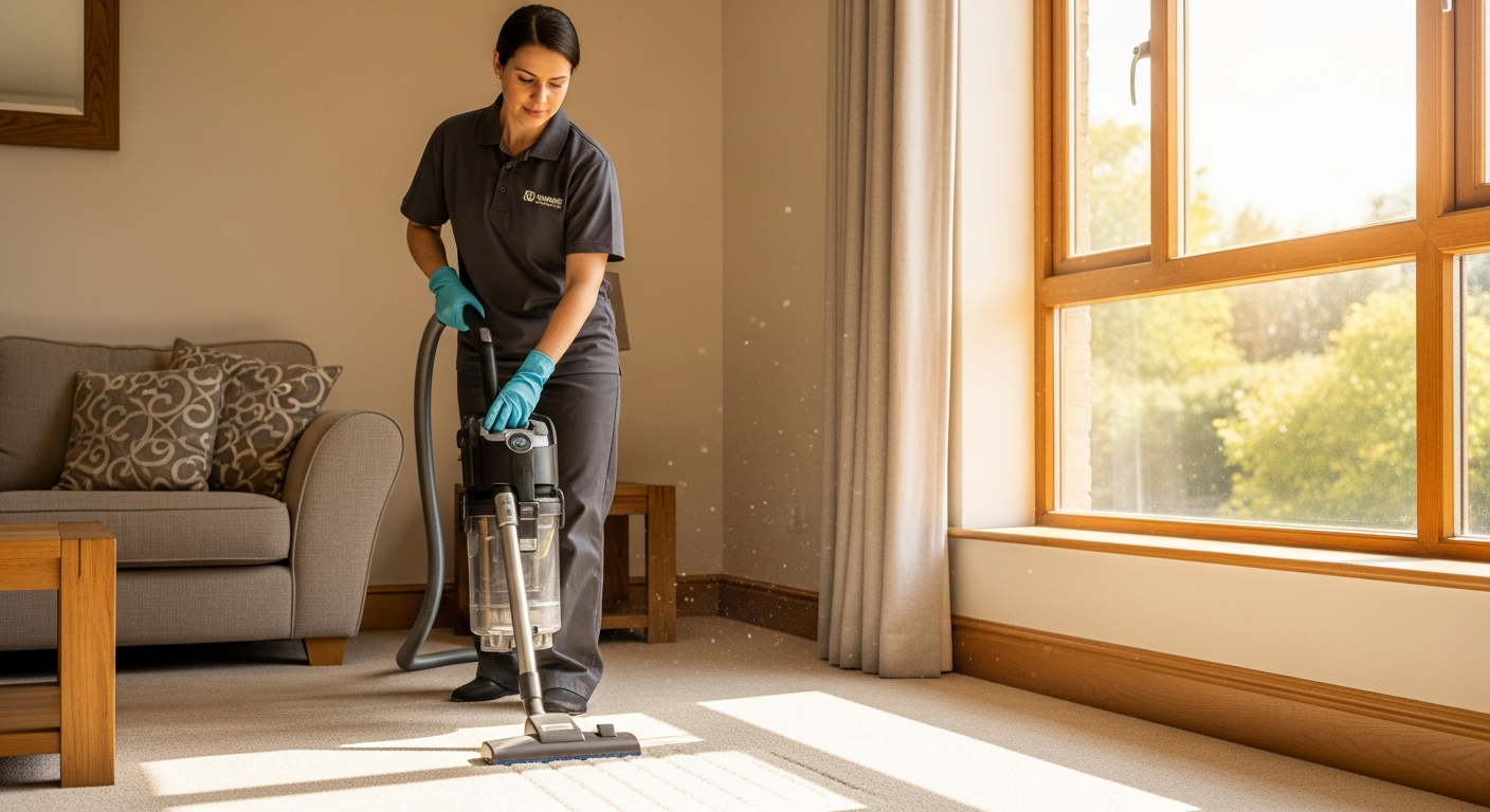 Cleaner vacuuming carpet in a living room