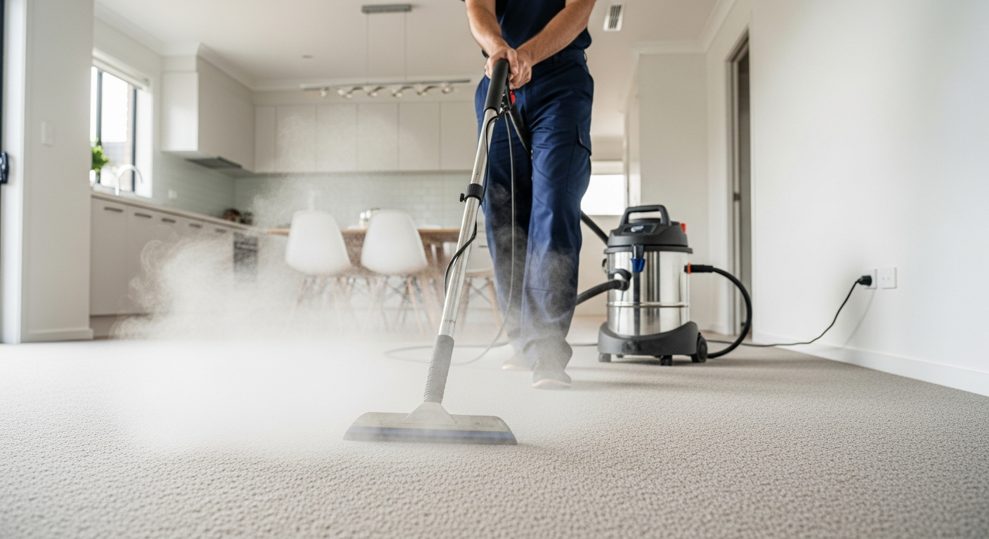 Professional cleaner steam cleaning carpet
