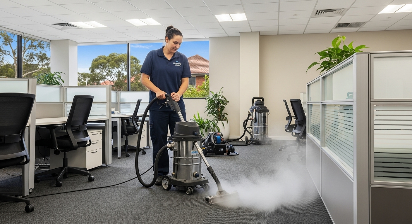 Cleaner steam-cleaning commercial carpet in Balgowlah office