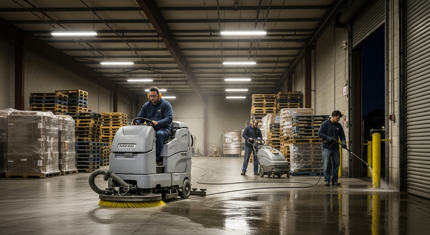 Warehouse cleaning team using floor scrubber