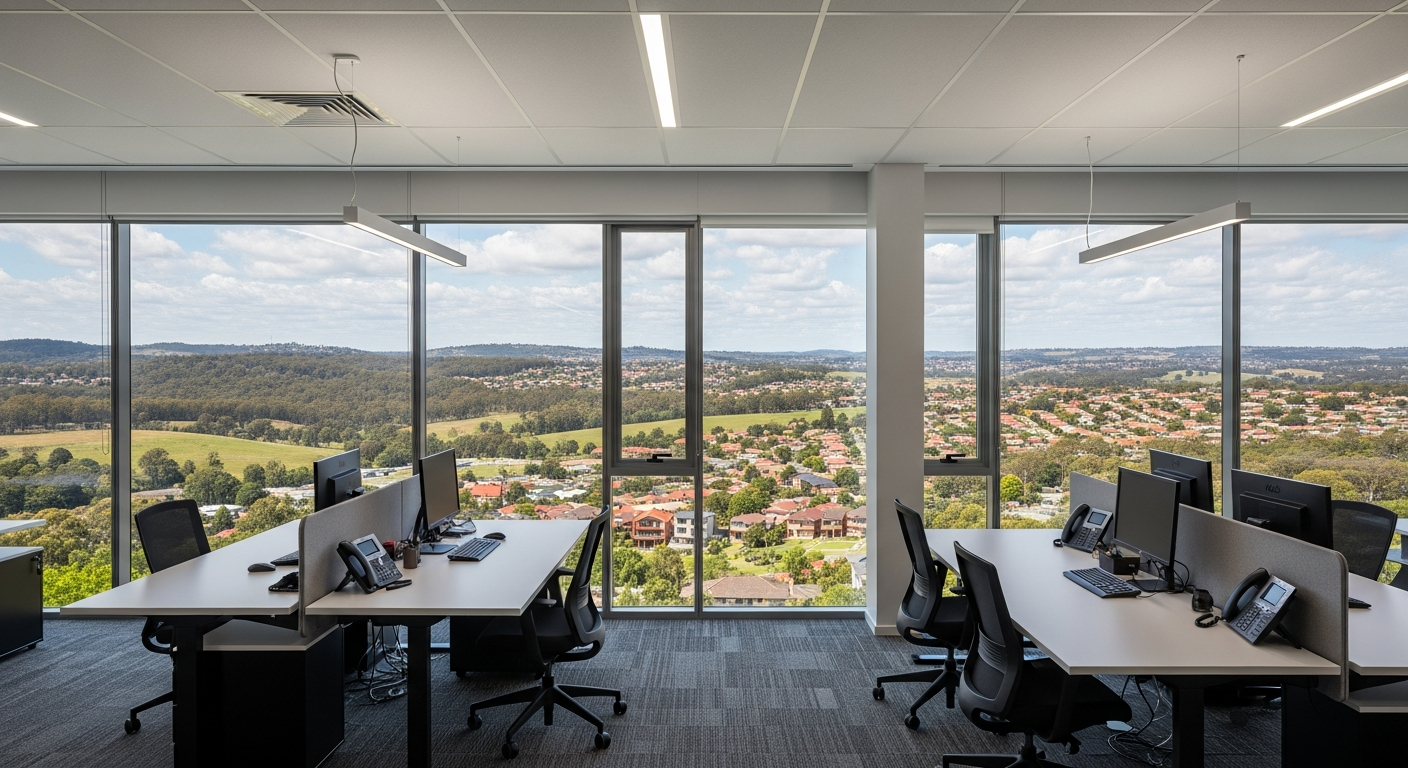 Clean office interior over Regentville landscape
