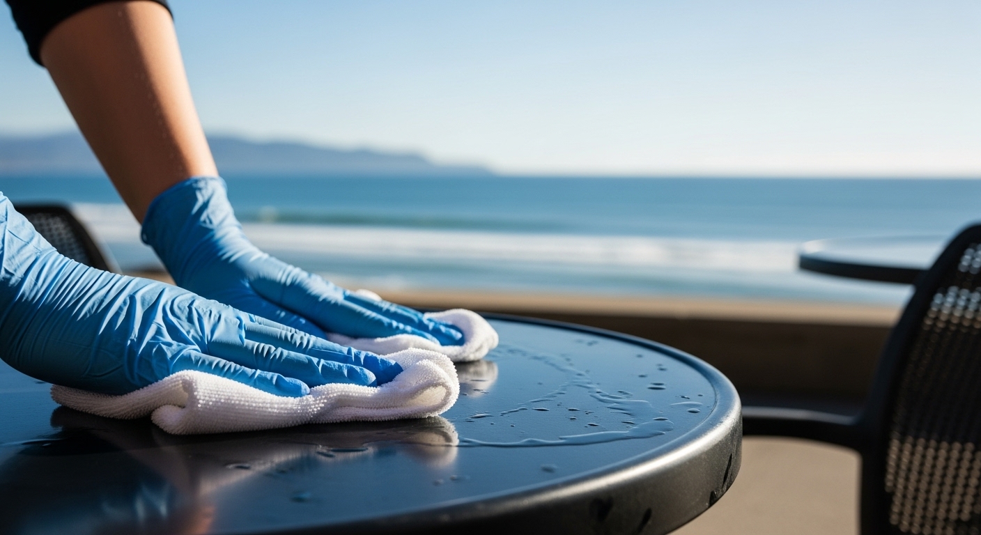 Cleaner wiping outdoor cafe table by the ocean