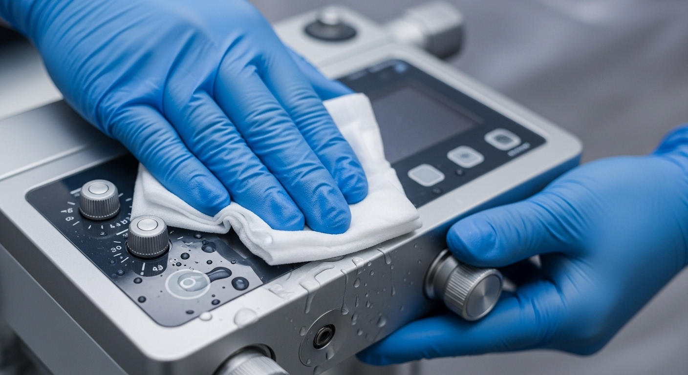 Gloved hands disinfecting medical equipment