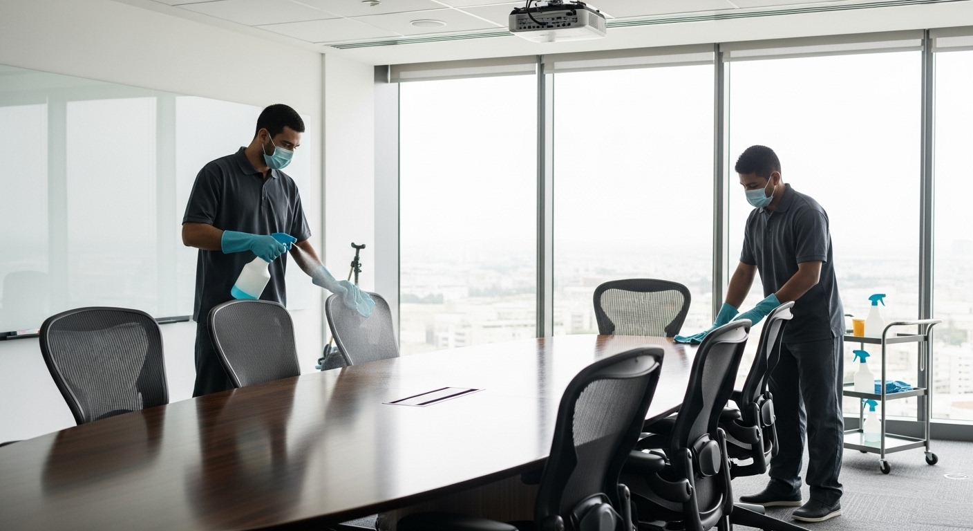 Office cleaners disinfecting meeting room