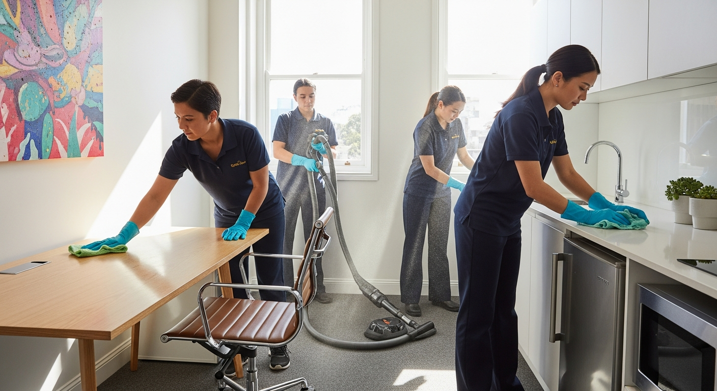 Professional cleaners in office