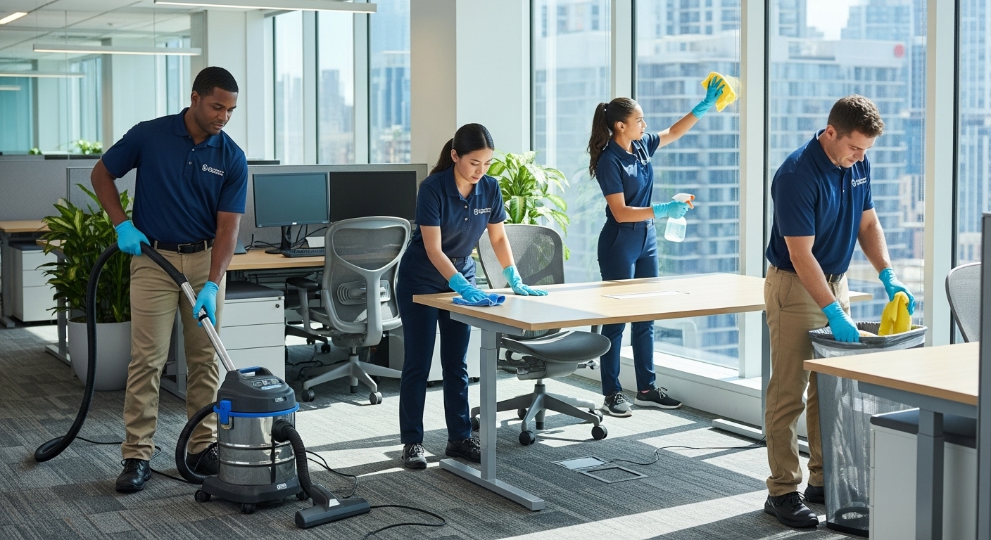 Professional office cleaners at work