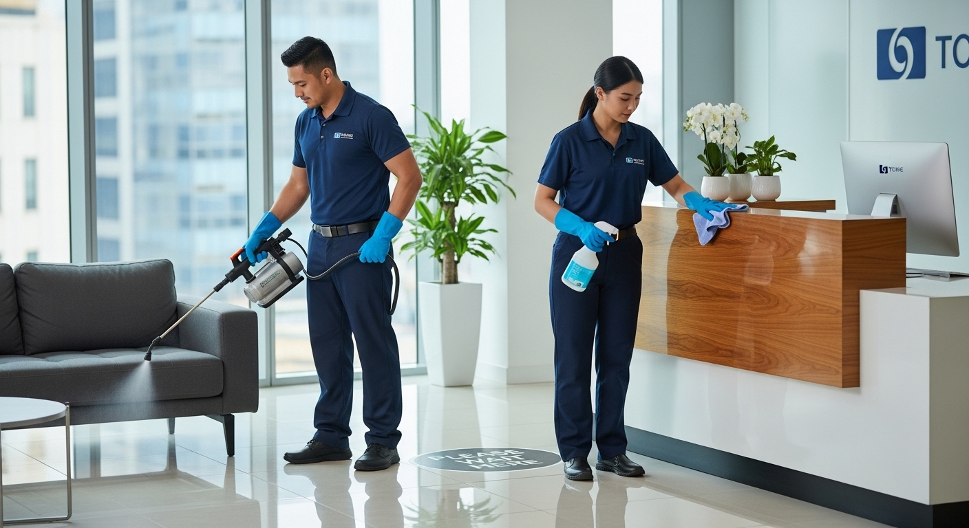 Professional cleaners sanitising reception
