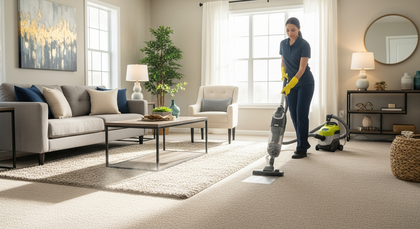 Cleaner vacuuming rental property