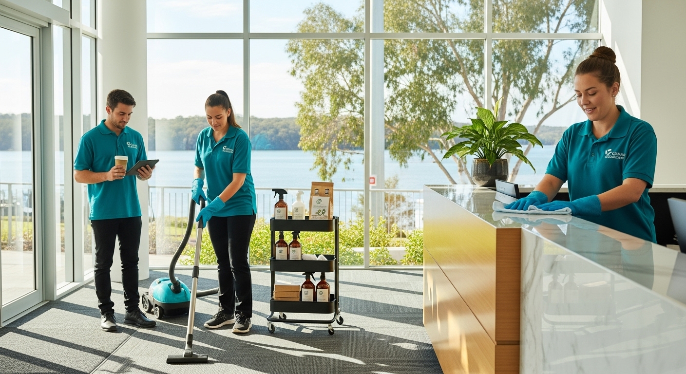 Commercial cleaning team in Port Macquarie office lobby
