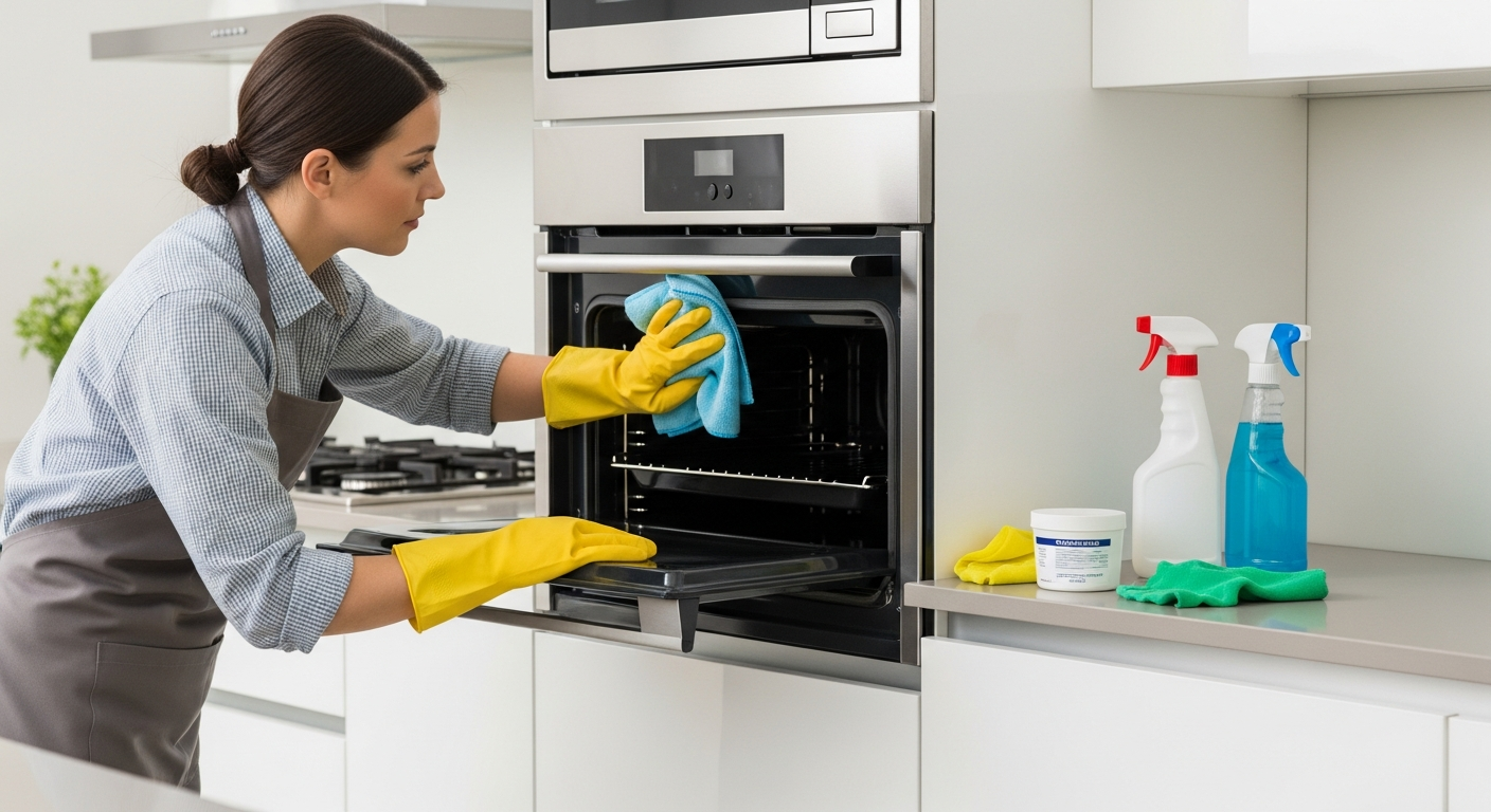 Professional cleaner polishing an oven