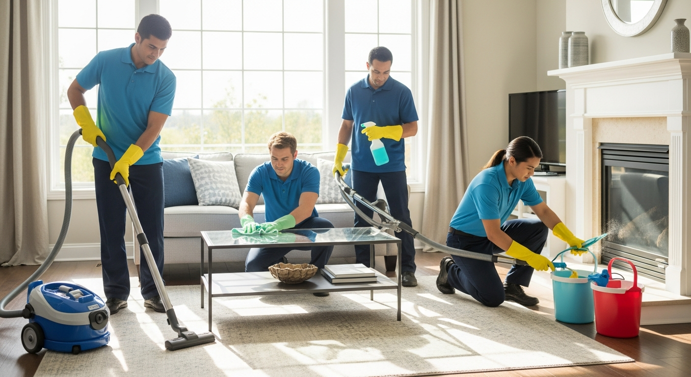 Professional cleaners preparing property for inspection
