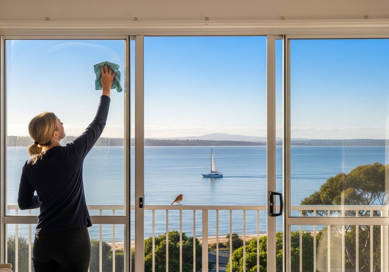 Cleaner polishing balcony door in Rosebud West