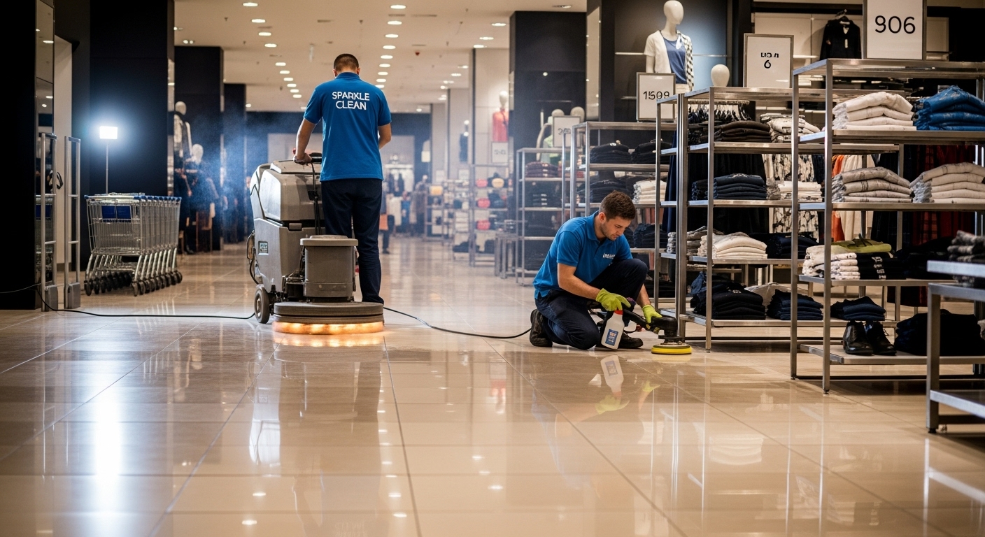 Retail cleaners polishing shop floor