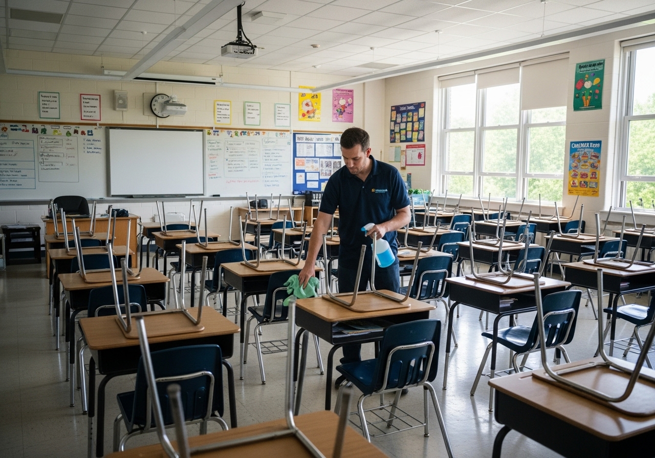 Cleaner sanitizing desks in a classroom