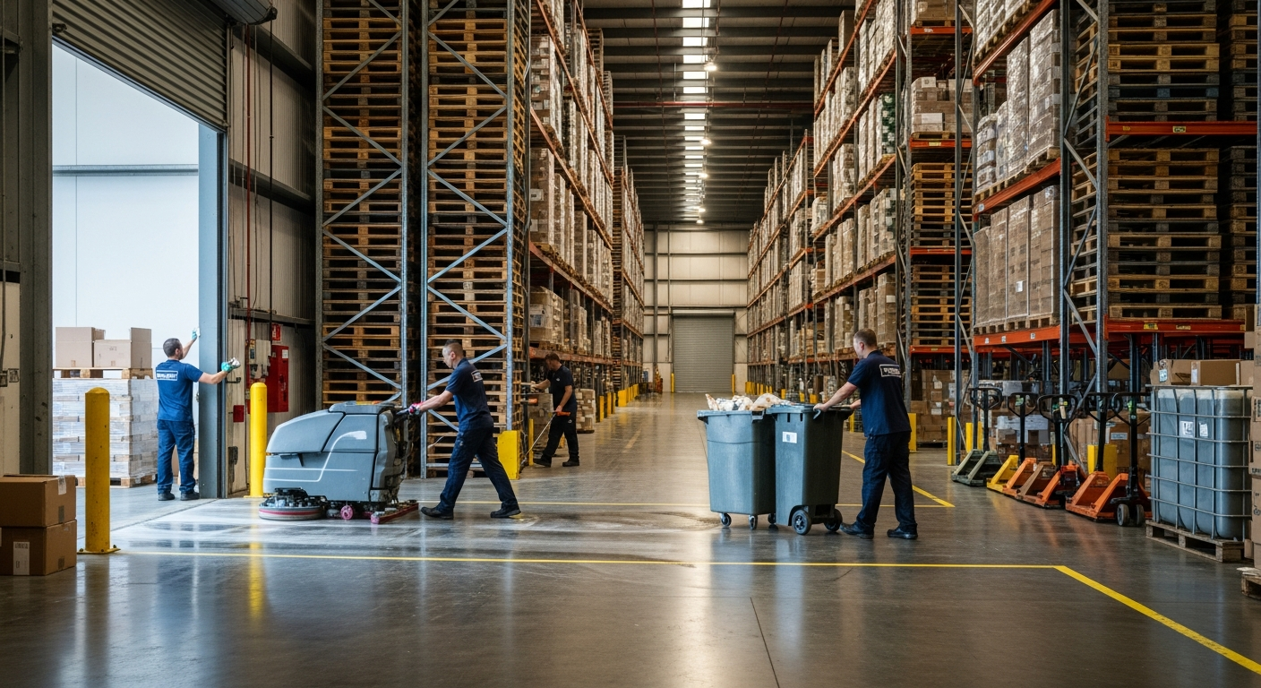 Commercial cleaners working in a Turrella warehouse