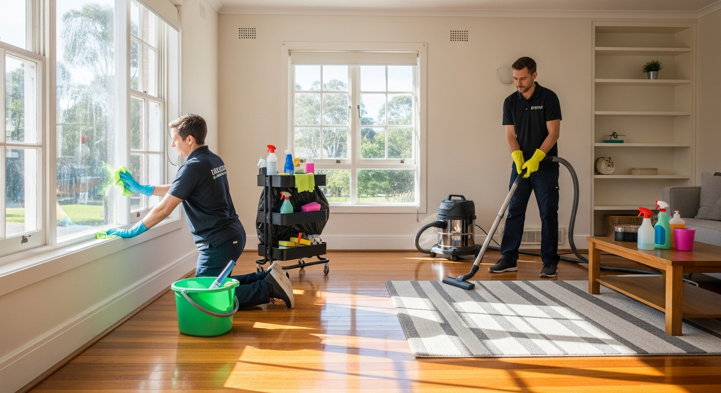 End of lease cleaners preparing living room