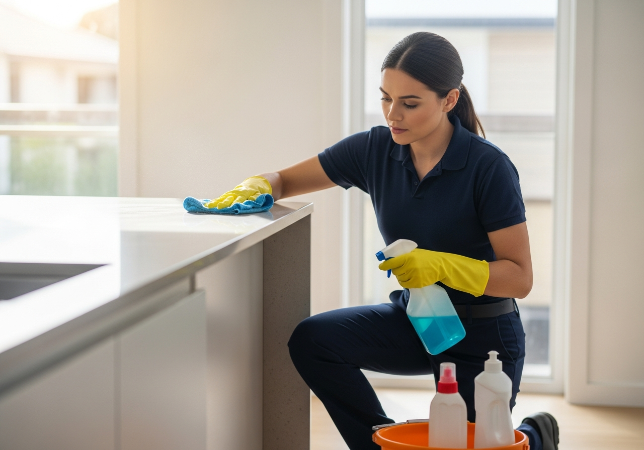 End of lease cleaner polishing kitchen bench