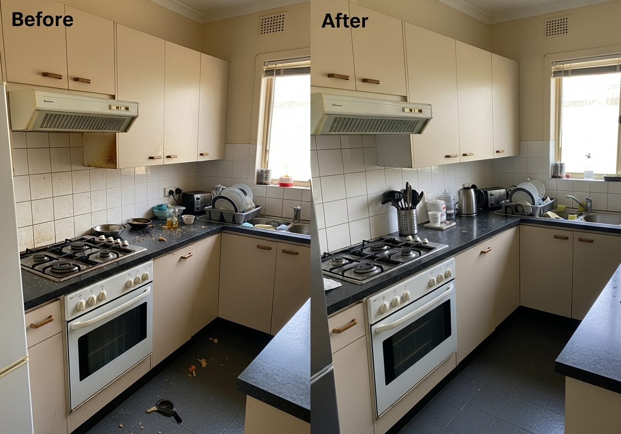 Before and after vacate cleaning kitchen