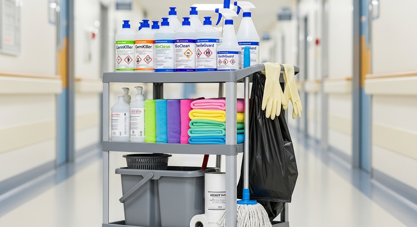 Hospital cleaning supplies and trolley