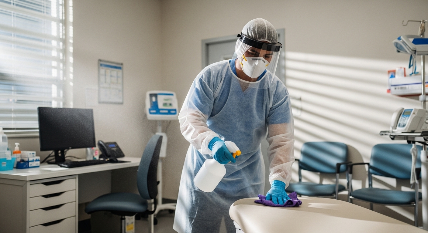 Healthcare cleaner disinfecting a clinic