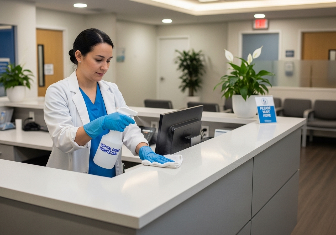 Healthcare cleaner disinfecting clinic reception