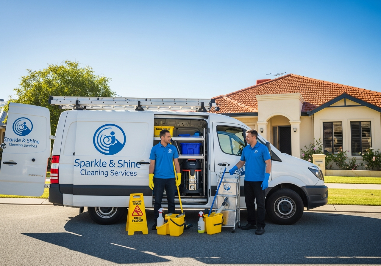 Cleaning crew loading van in suburban Ballajura home