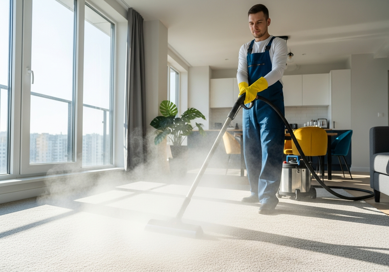 Steam cleaning carpet in apartment