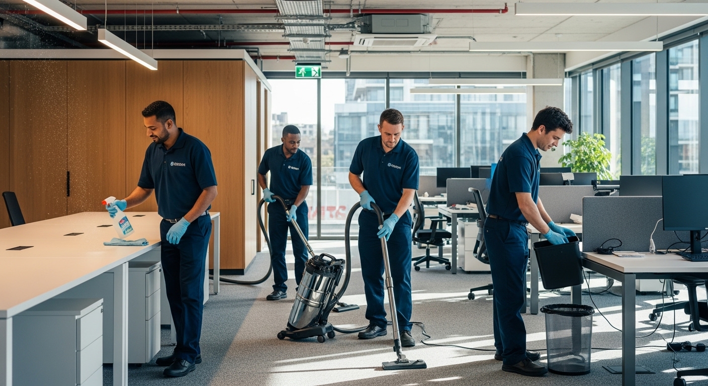 Professional cleaners in uniform performing office cleaning in Ashfield