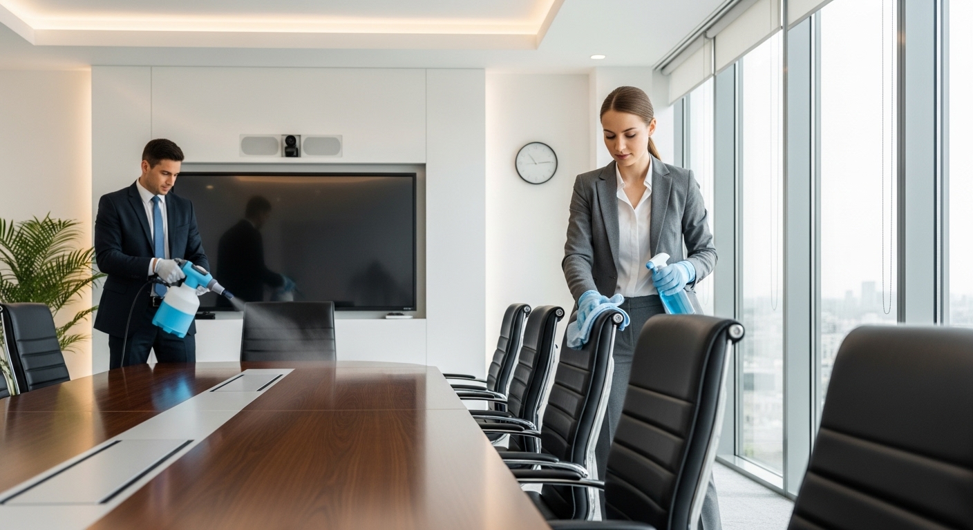 Corporate cleaners sanitising a conference room