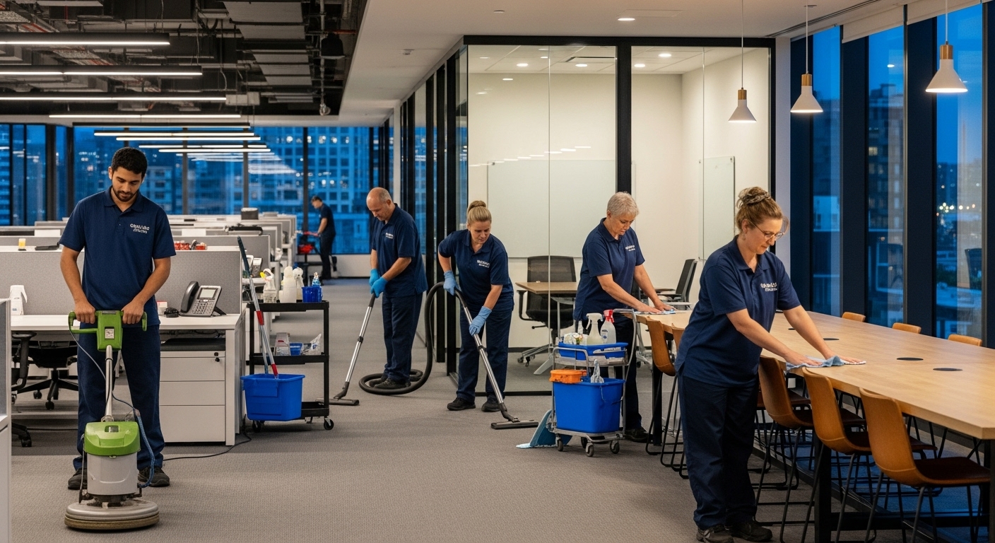 Commercial cleaners working in a large Australian office